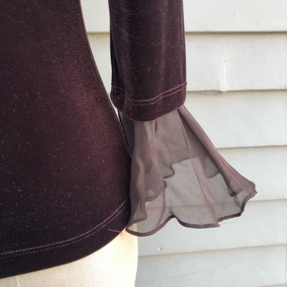 Vintage Cachet Y2K Whimsigoth Ethereal Dark Brown Velvet Silk Ruffle Zip Up Top - Picture 10 of 17